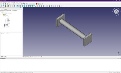 FreeCAD showing an oblique view of a thin round rod with slightly larger square end caps.